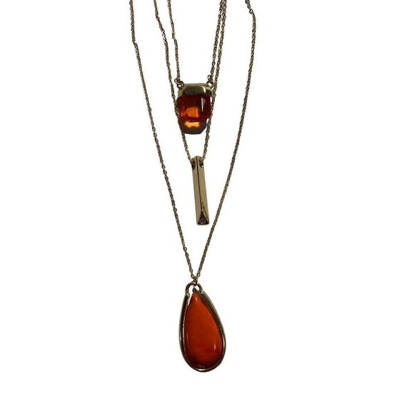 Triple strand, gold and orange stone necklace - Picture 6 of 11